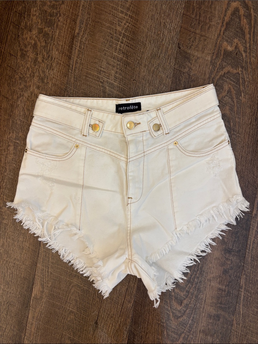 Retrofete Cream High-Rise Frayed Denim Shorts